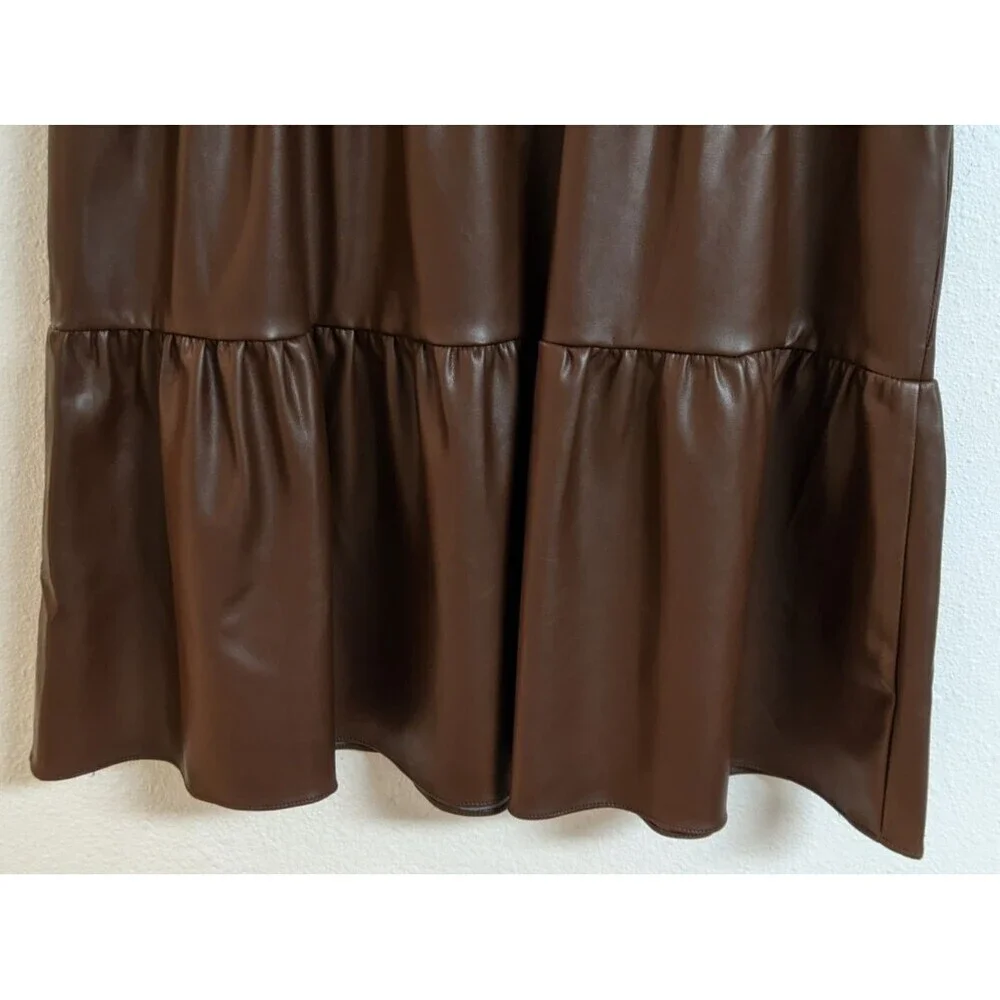 NEW~Women's EVEREVE Ella Brown Faux Leather Tiered Shift Dress M - Picture 10 of 12